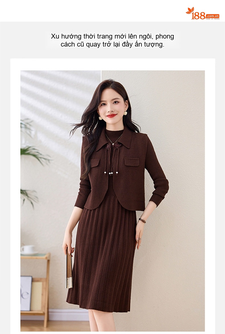 Váy Dệt Kim Dáng Ôm Thiết Kế Tay Dài Kèm Áo Khoác Gilê Bộ Hai Chiếc Màu Nâu, Be, Đỏ Rượu chi tiết 3