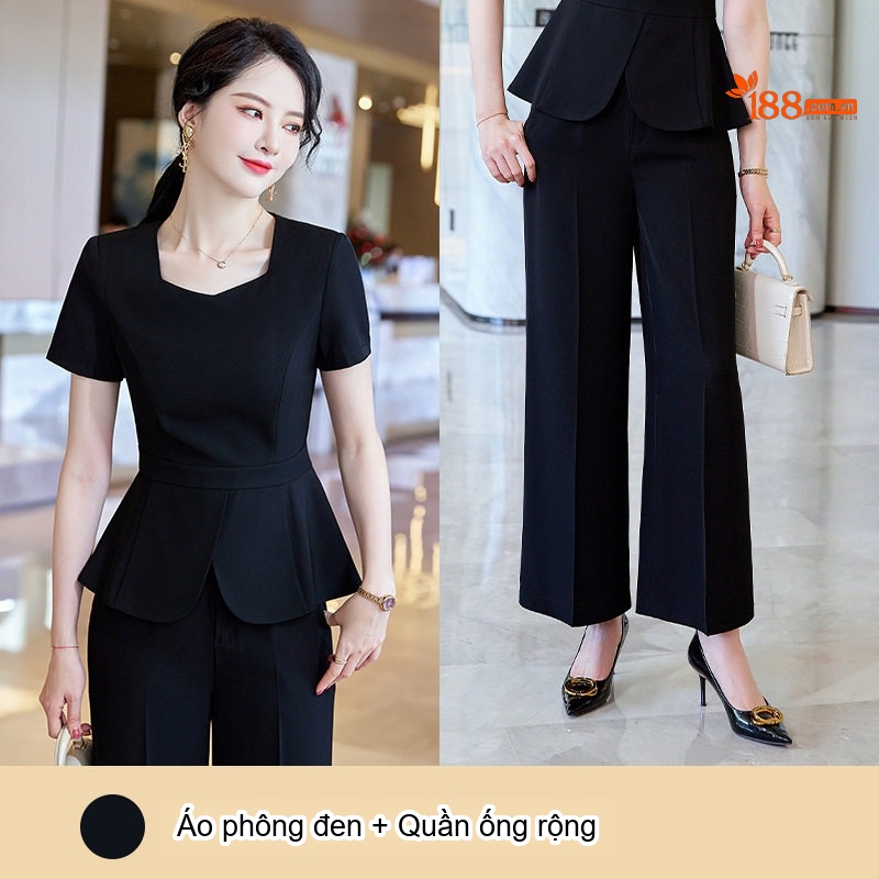 Bộ Set Áo Peplum Quần Ống Rộng Công Sở Thanh Lịch Màu Đen, Xanh Navy