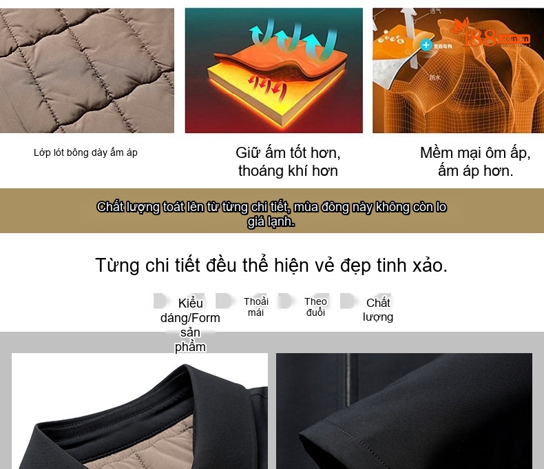Áo Khoác Cotton Nam Cổ Bẻ Lót Lông Cừu Non Giữ Ấm Màu Đen chi tiết 1