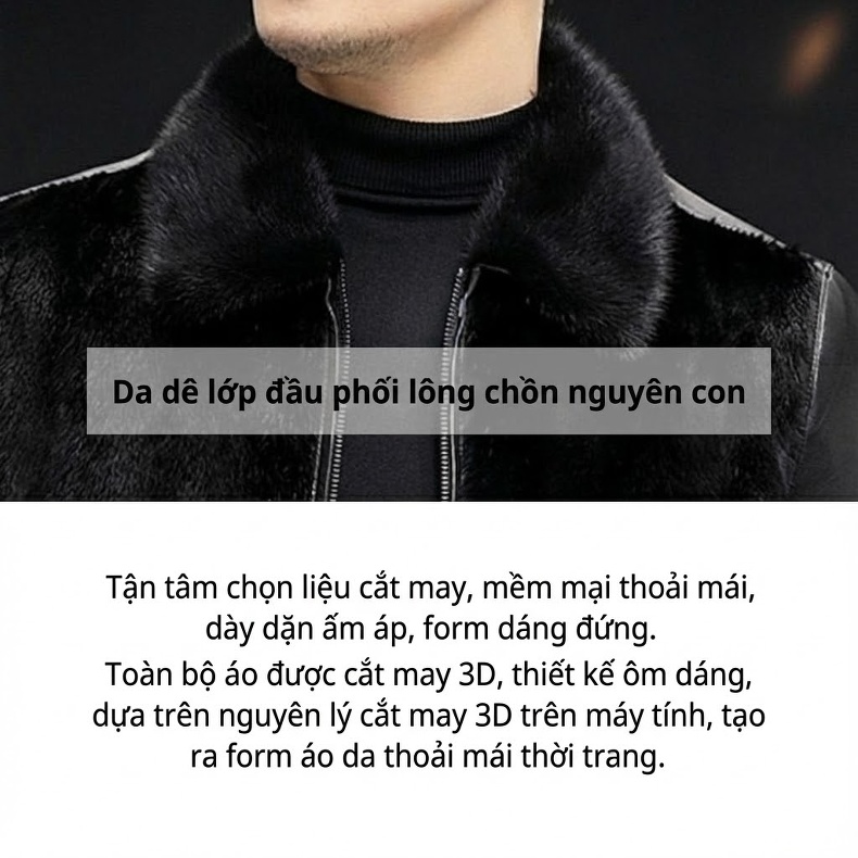 Áo Khoác Da Thật Nam Dáng Bomber Cổ Lông Chồn, Da Dê Màu Đen chi tiết 5