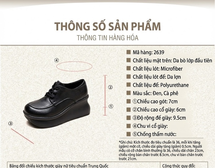 Giày Oxford Nữ Da Bóng Đế Xuồng Chiều Cao Đế Khoảng 5cm Màu Đen, Nâu chi tiết 2