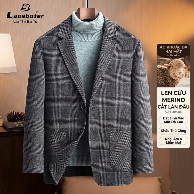 Áo Vest Nam Lông Cừu Hai Mặt Kẻ Ôm Dáng Thu Đông Dày Dặn Màu Xám
