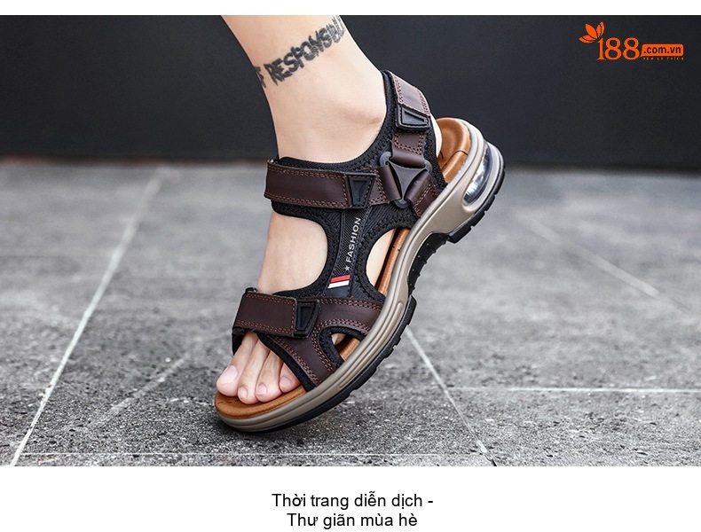 Dép Sandal Nam Da Thật Hở Ngón Thoáng Khí Chiều Cao Đế Khoảng 4cm Màu Nâu, Đen chi tiết 21