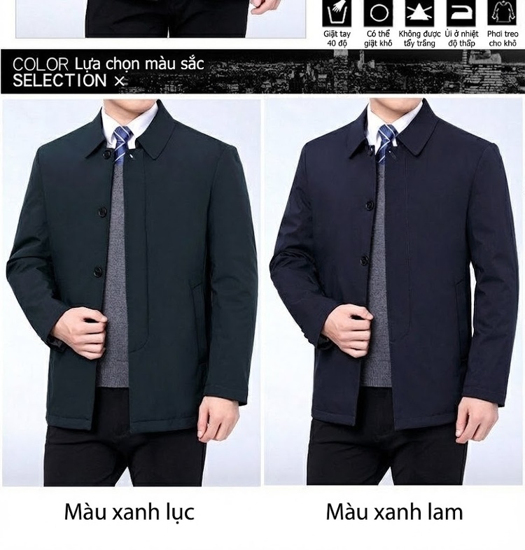 Áo Khoác Bông Nam Thu Đông Dáng Ôm Cổ Bẻ Màu Đen, Xanh Navy chi tiết 4