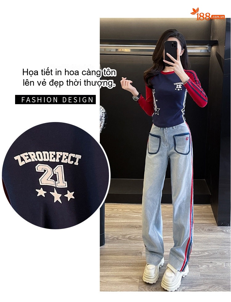 Set Bộ Áo Thun Tay Dài Cổ Tròn Quần Jean Ống Rộng Phong Cách Retro Màu Xanh, Đỏ chi tiết 6