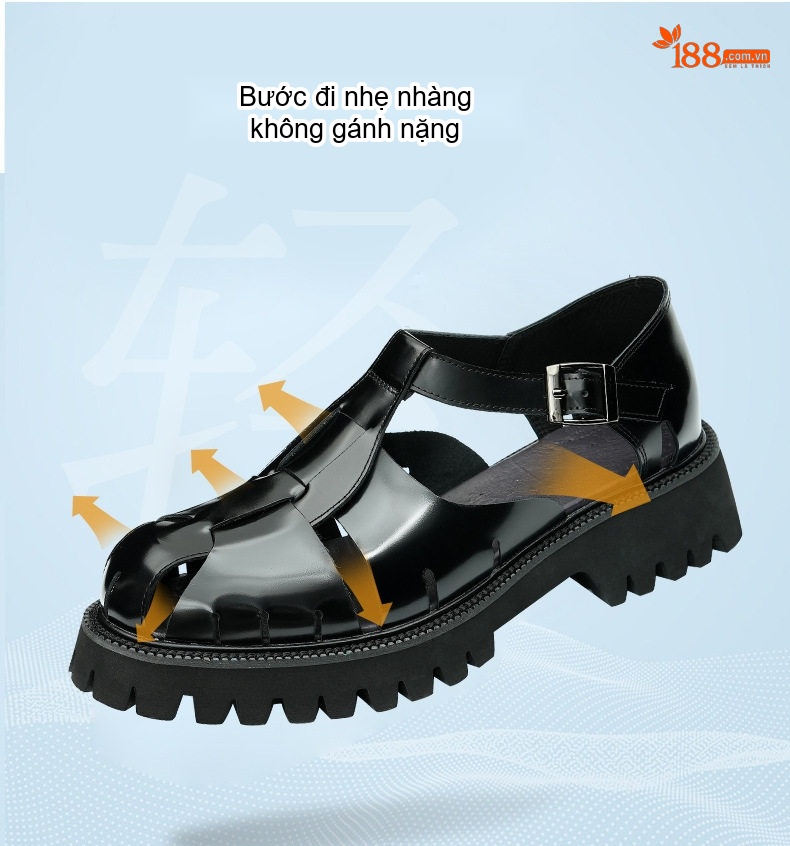 Sandal Rọ Nam Da Bóng Đế Dày Chiều Cao Đế Khoảng 3cm Màu Đen chi tiết 4