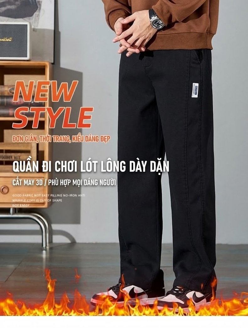 Quần Dài Nam Ống Suông Lót Lông Cừu Giữ Nhiệt Co Giãn Màu Đen, Xám, Nâu, Xanh Navy chi tiết 1