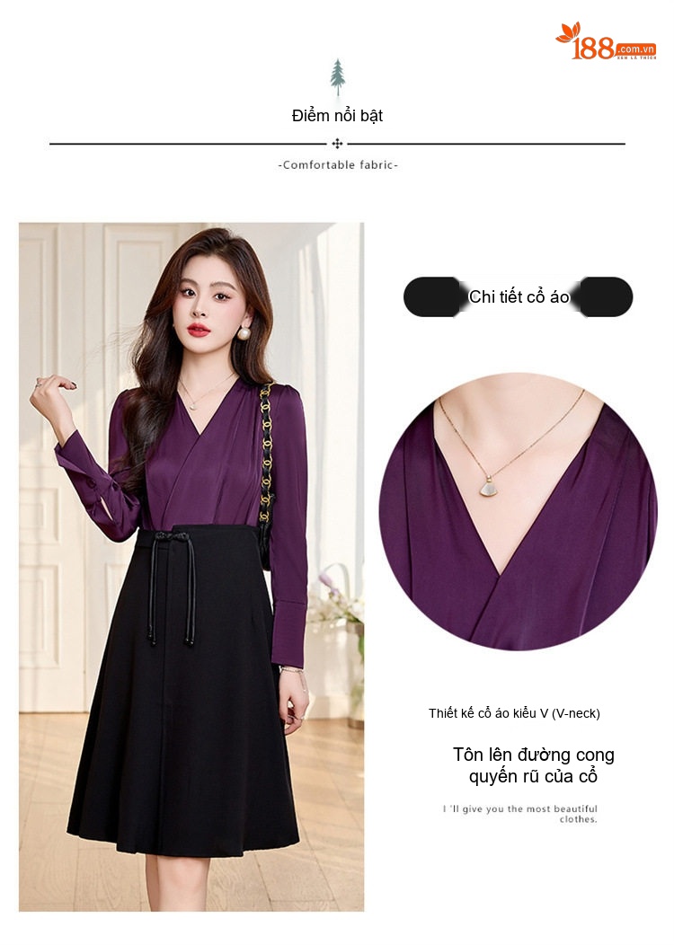 Váy liền thân Nữ Cổ chữ V Trung Dài Tay Thiết Kế Thắt Eo Tôn Dáng Thoáng Khí Màu Đen, Đỏ, Tím, Be chi tiết 4