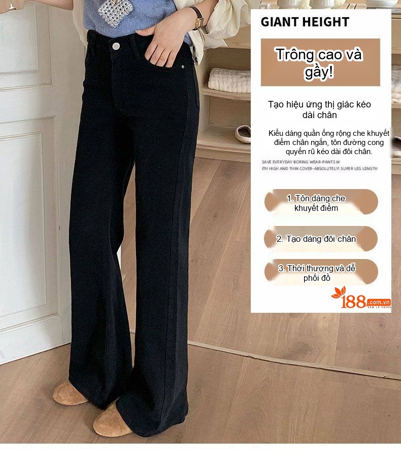 Quần Jeans Nữ Ống Loe Đáy Cao Dáng Rộng Phong Cách Thời Trang Màu Đen, Trắng chi tiết 9