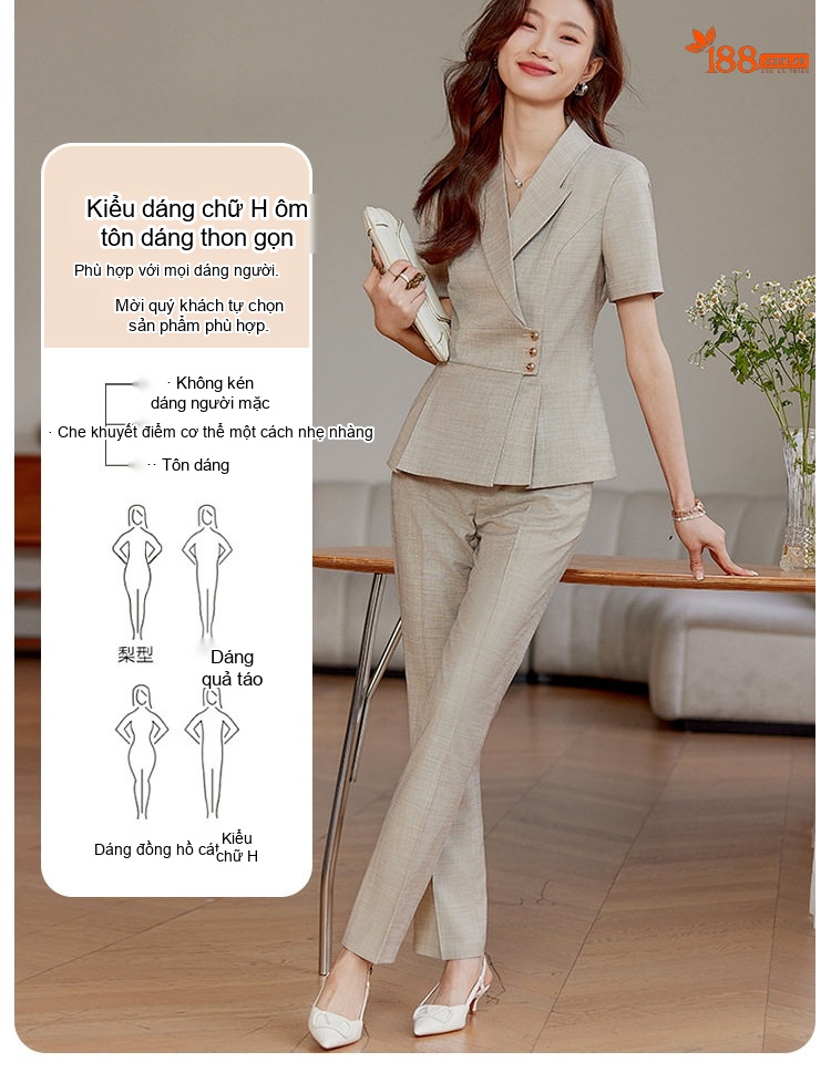Set Bộ Vest Công Sở Nữ Tay Ngắn Dáng Ôm Chân Váy Màu Be, Xanh Navy, Đen chi tiết 6