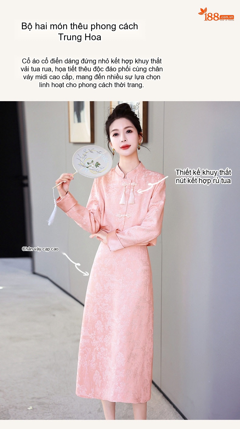 Set Áo Khoác Lửng và Chân Váy Midi Nữ Phong Cách Tân Cổ Điển Họa Tiết Màu Xanh, Hồng, Kem chi tiết 8