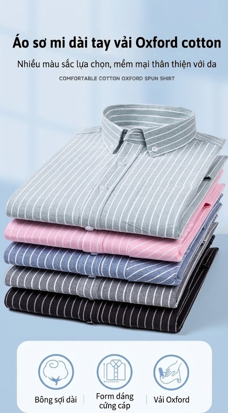 Áo Sơ Mi Nam Tay Dài Oxford Cotton Thoáng Khí Họa Tiết Kẻ Sọc Lớn Màu Xanh Dương, Đen, Trắng, Xám... chi tiết 7