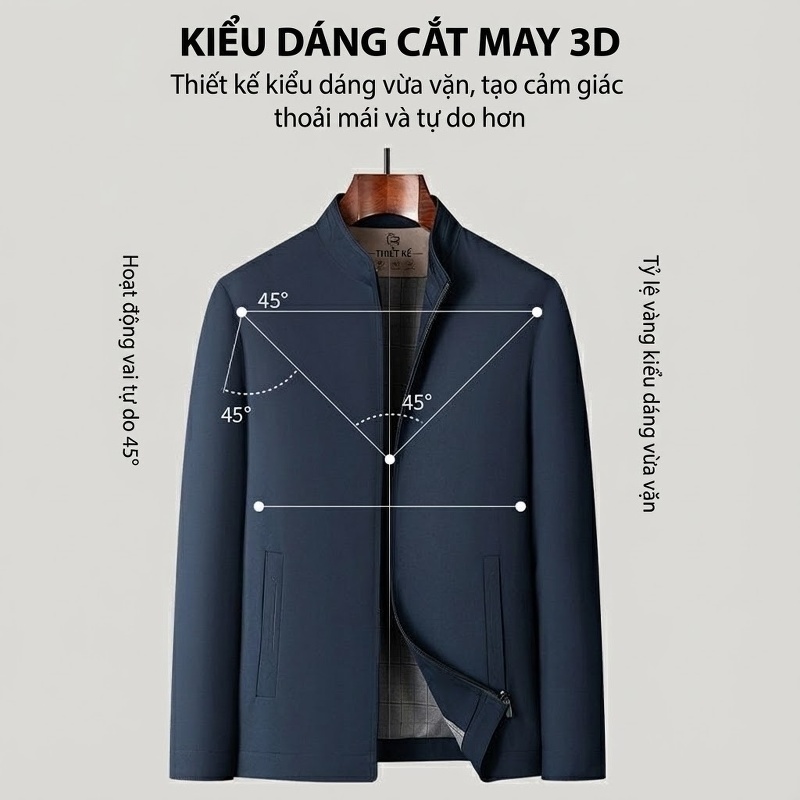 Áo Khoác Bomber Nam Cổ Trụ Dáng Ôm Vừa Vặn Màu Xanh Navy