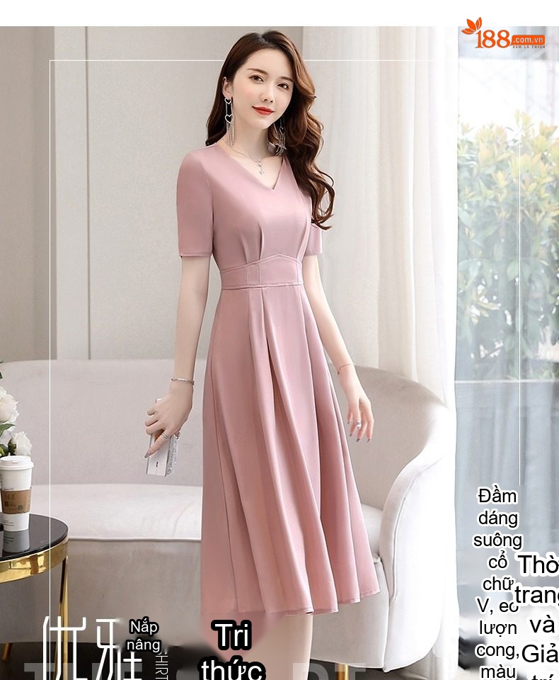 Váy Xòe Chữ A Cổ chữ V Tay Ngắn Thanh Lịch Màu Đen, Hồng, Xanh Mint chi tiết 1