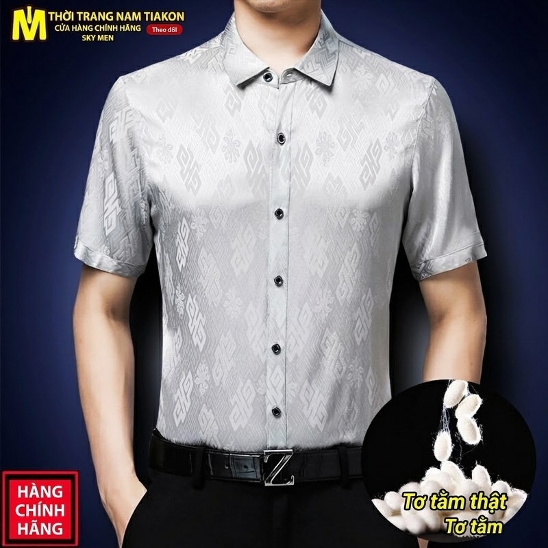 Áo Sơ Mi Nam Tay Ngắn Lụa Tơ Tằm Họa Tiết Trung Niên Màu Đen, Xanh Navy, Trắng, Nâu...