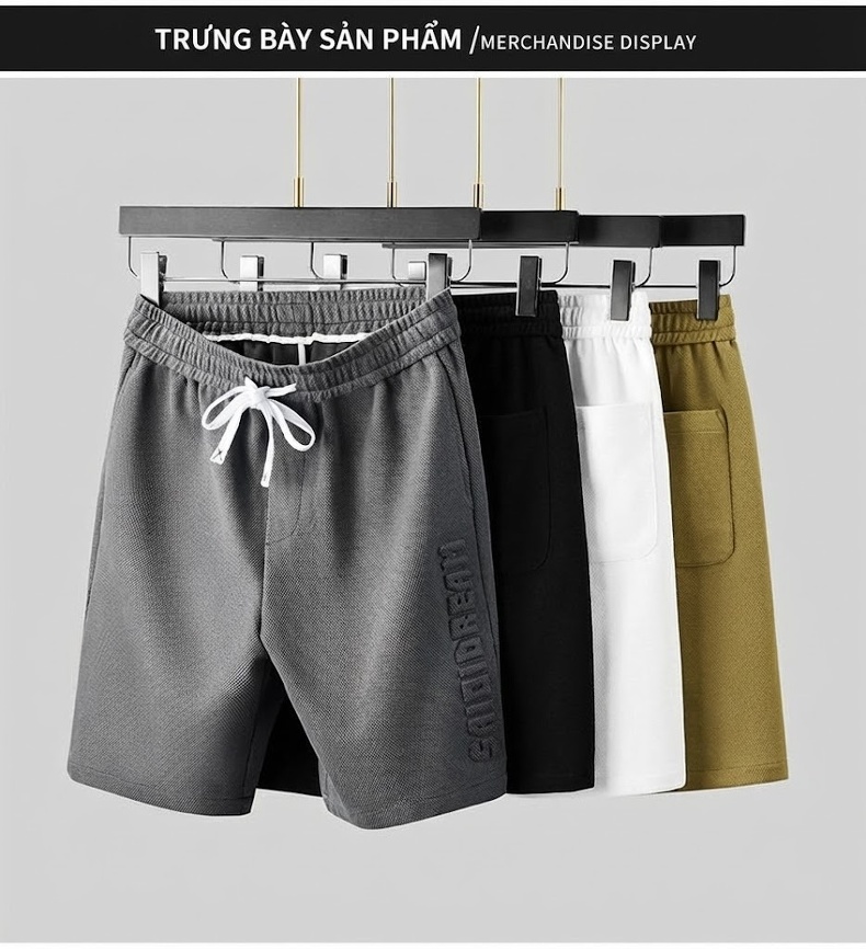 Quần Short Nam Cotton Dáng Rộng Lưng Thun Co Giãn Màu Đen, Trắng, Xám, Xanh Olive chi tiết 13