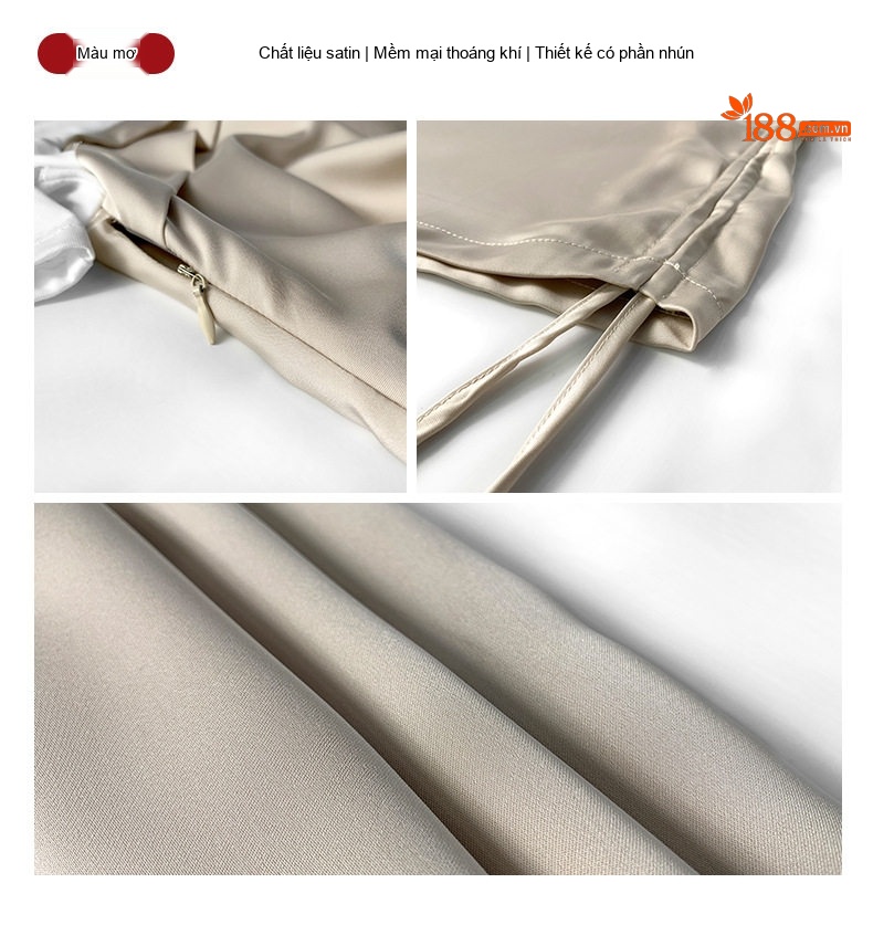 Váy liền thân Nữ Tay Ngắn Chất Liệu Axetat Satin Phối Nhún Eo Thon Dáng Ngắn Màu Đen, Trắng Kem chi tiết 6