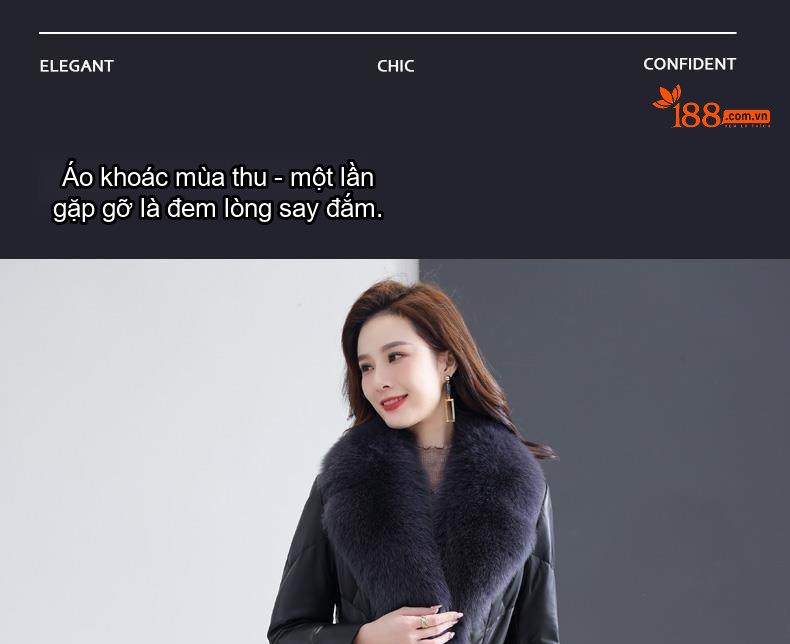 Áo Khoác Da Nữ Dáng Dài Vừa Cổ Lông Thú Da Thật Màu Đen chi tiết 1