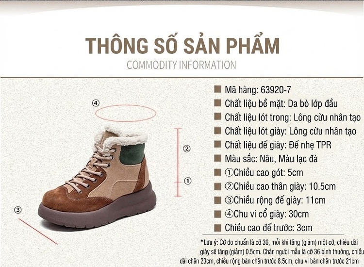 Boot Nữ Cổ Lông Đế Dày Phối Màu Chiều Cao Đế Khoảng 5cm Màu Nâu, Be, Xanh Lá chi tiết 2