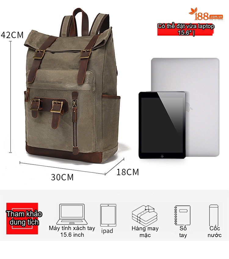 Balo Du Lịch Laptop Sinh Viên Vải Canvas Dầu Sáp Chống Thấm Nước Phong Cách Retro Màu Xám, Nâu, Đen chi tiết 10