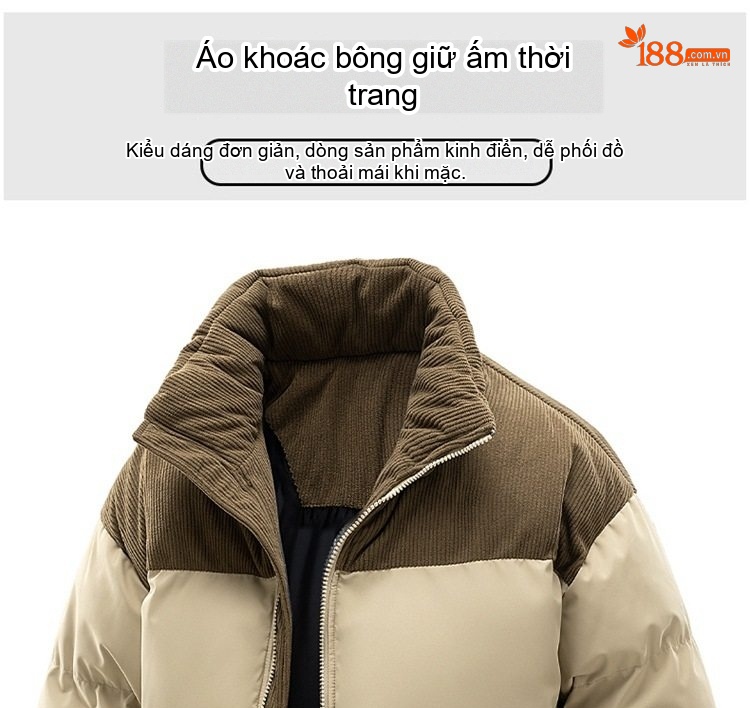 Áo Khoác Phao Nam Nữ Cotton Lót Dày Mũ Rời Chất Liệu Vải Lanh Màu Be, Đen, Xanh Lá, Hồng... chi tiết 2