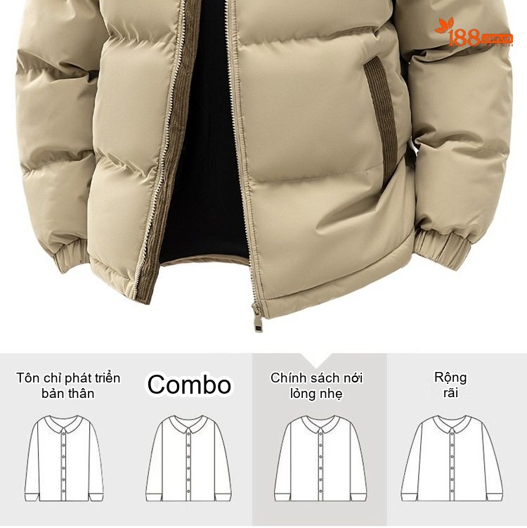 Áo Khoác Phao Nam Nữ Cotton Lót Dày Mũ Rời Chất Liệu Vải Lanh Màu Be, Đen, Xanh Lá, Hồng... chi tiết 3