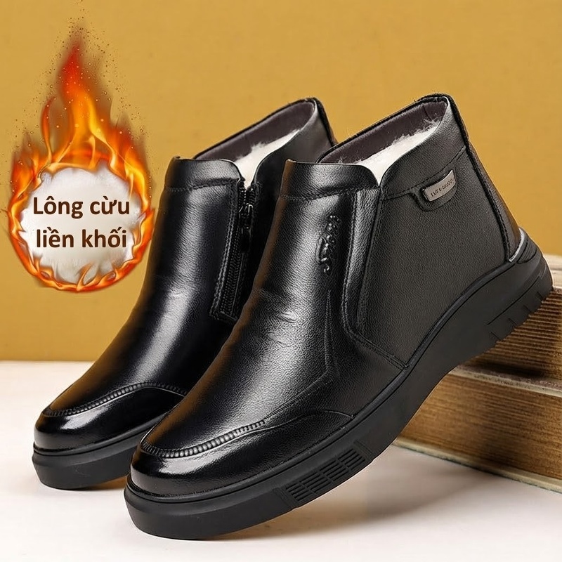 Giày Cao Cổ Nam Da Thật Lót Lông Cừu Giữ Ấm Chiều Cao Đế Khoảng 3cm Màu Đen