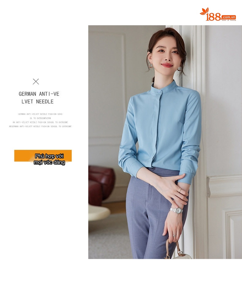 Áo Sơ Mi Nữ Dài Tay Cổ Trụ Dáng Ôm Thời Trang Màu Trắng, Xanh chi tiết 17