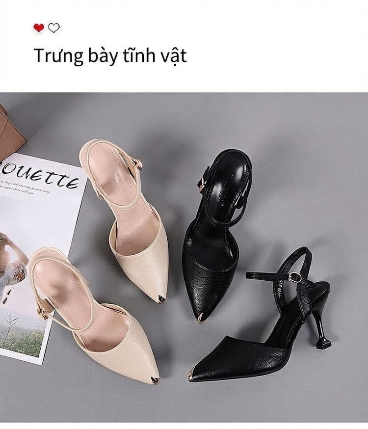 Giày Sandal Cao Gót Nữ Da Bóng Quai Hậu Gót Cao 7cm - 8cm Màu Đen, Kem chi tiết 30