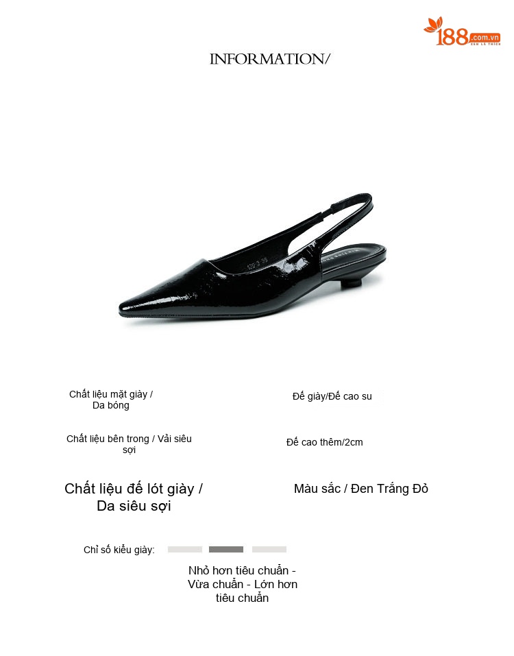 Giày Búp Bê Nữ Mũi Nhọn Quai Hậu Da Bóng Chiều Cao Đế Khoảng 2cm Màu Đen, Đỏ, Trắng chi tiết 2