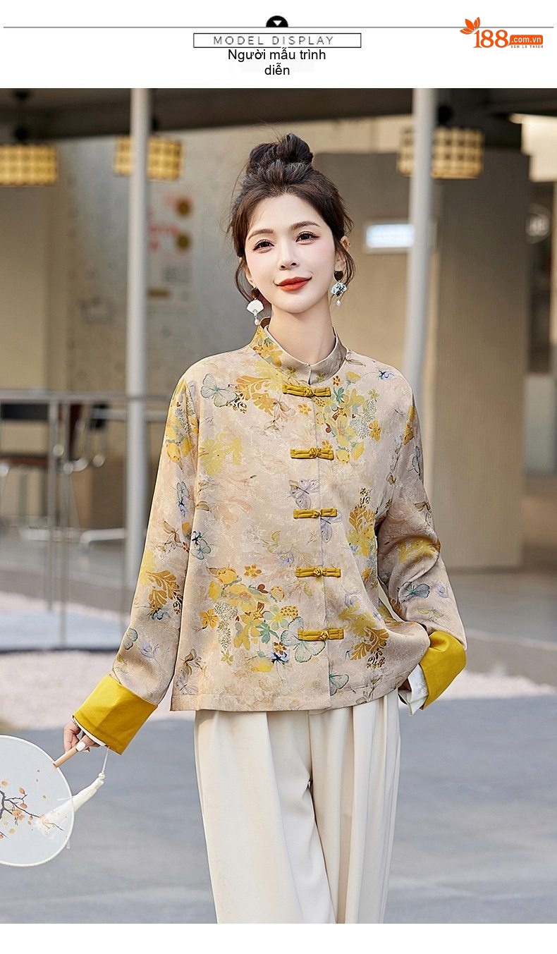 Áo Khoác Nữ Phong Cách Trung Hoa Thêu Hoa Văn Họa Tiết Tay Lỡ Cổ Tàu Màu Be chi tiết 15