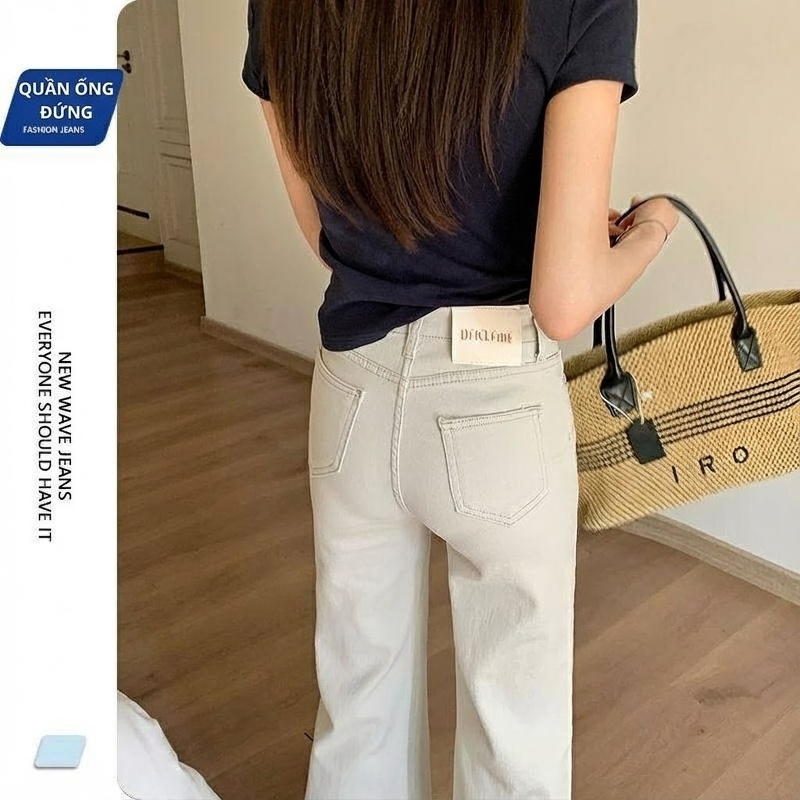 Quần Jeans Nữ Ống Loe Đáy Cao Dáng Rộng Phong Cách Thời Trang Màu Đen, Trắng