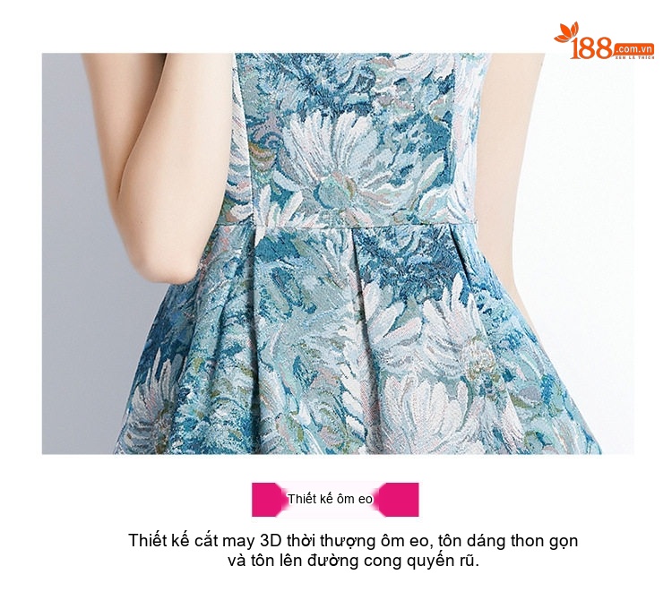 Váy liền thân Nữ Jacquard Phong Cách Cổ Điển Tay Lửng Không Tay Màu Xanh, Trắng chi tiết 8