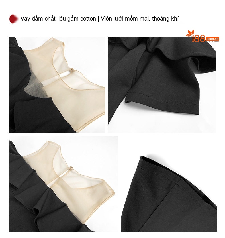 Đầm Ôm Body Nữ Cổ Bèo Nhún, Tay Lỡ, Xẻ Tà, Thiết Kế Lưới, Tôn Dáng, Màu Đen chi tiết 4