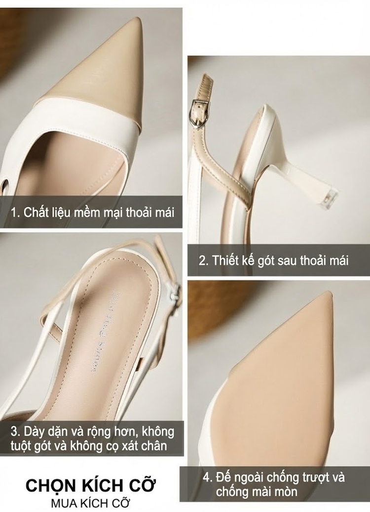 Giày Sandal Cao Gót Nữ Slingback Mũi Nhọn Gót Cao 5cm - 6cm Màu Be, Đen chi tiết 4