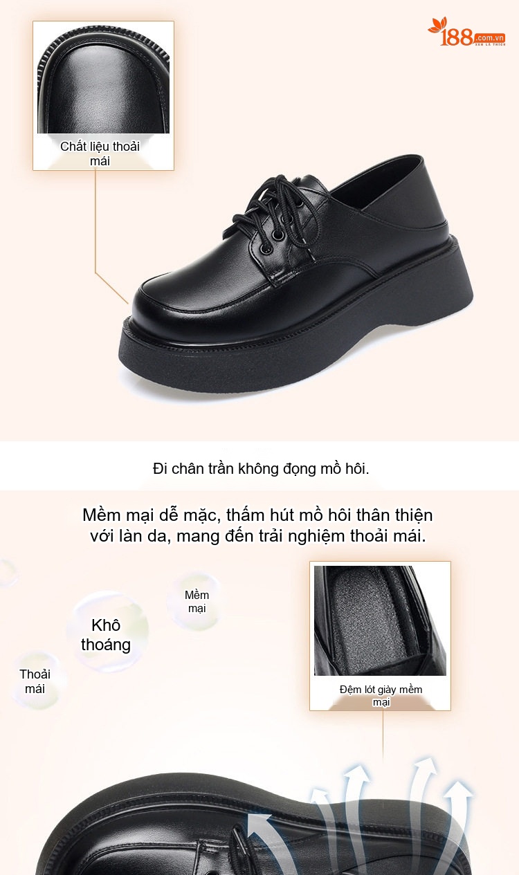 Giày Tây Buộc Dây Nữ Da Bóng Đế Cao 4cm - 5cm Màu Đen, Kem chi tiết 3