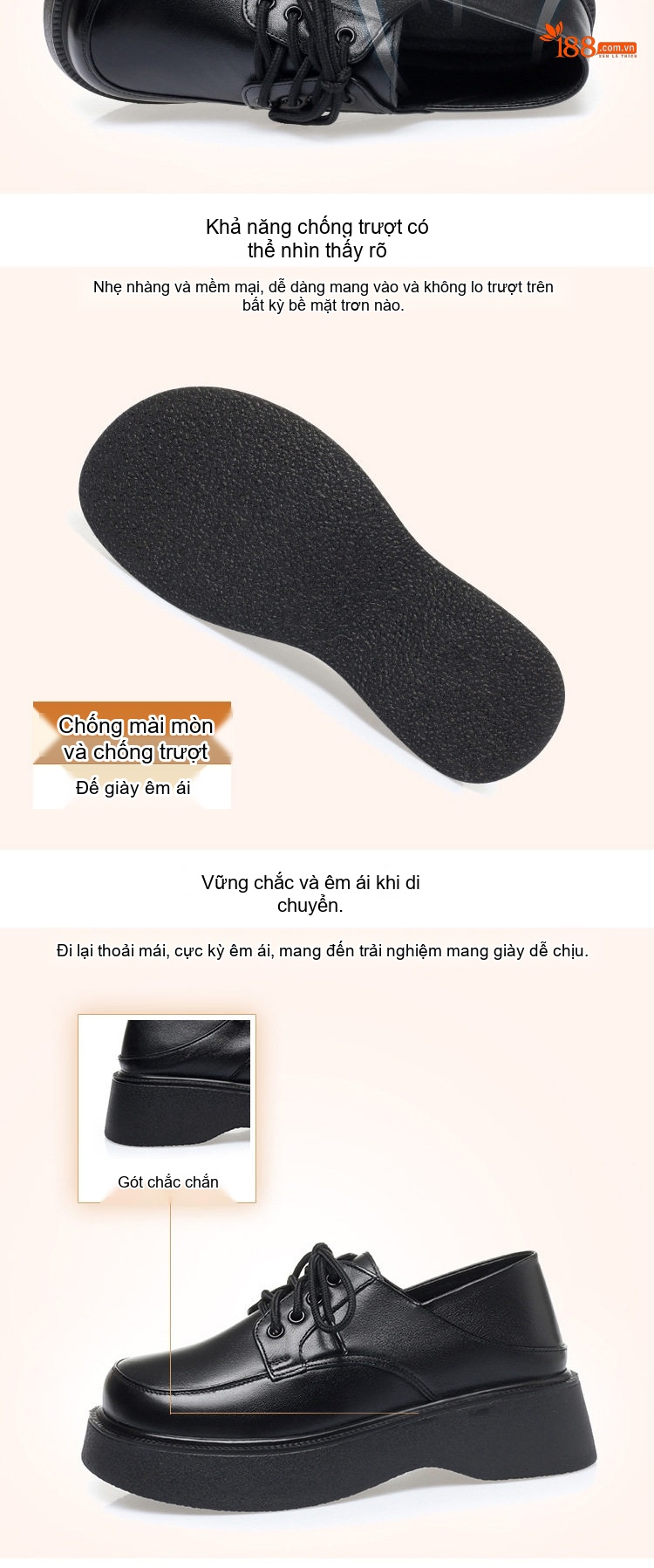 Giày Tây Buộc Dây Nữ Da Bóng Đế Cao 4cm - 5cm Màu Đen, Kem chi tiết 4