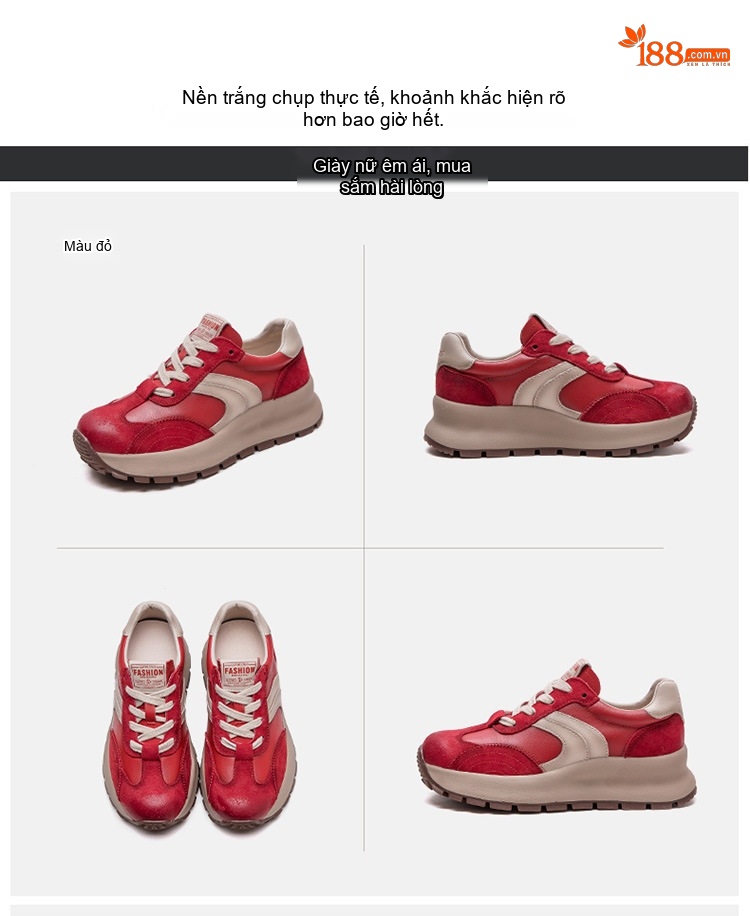 Giày Sneaker Nữ Đế Dày Phối Màu Thời Trang Chiều Cao Đế Khoảng 5cm Màu Đỏ, Kem chi tiết 17