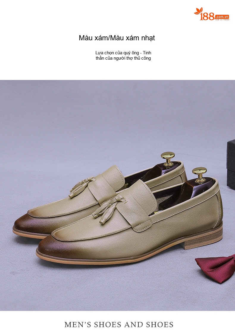 Giày Lười Nam Da Bò Retro Tua Rua Chiều Cao Đế Khoảng 3cm Màu Đen, Nâu chi tiết 5