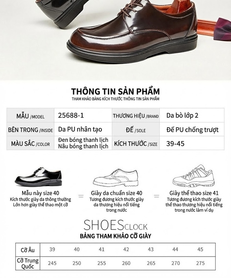 Giày Tây Buộc Dây Nam Da Bóng Chiều Cao Đế Khoảng 3cm Màu Đen, Nâu chi tiết 10
