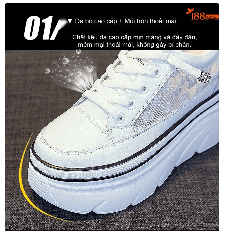 Giày Sneaker Nữ Da Bóng Đế Xuồng Chiều Cao Đế Khoảng 5cm Màu Trắng chi tiết 11