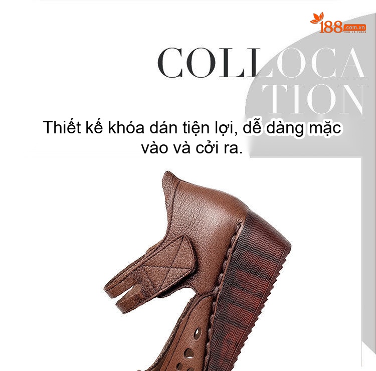 Dép Sandal Nữ Da Bò Quai Dán Hở Ngón Đế Xuồng Thoáng Khí Đế Cao 5cm - 6cm Màu Nâu, Kem chi tiết 6
