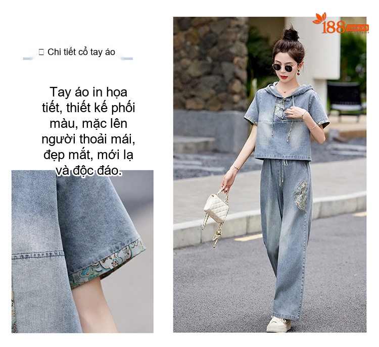 Bộ Quần Áo Nữ Thiết Kế Thêu Hoa Cao Cấp, Áo Hoodie Quần Ống Rộng Phong Cách Trung Hoa Màu Xanh Denim chi tiết 6