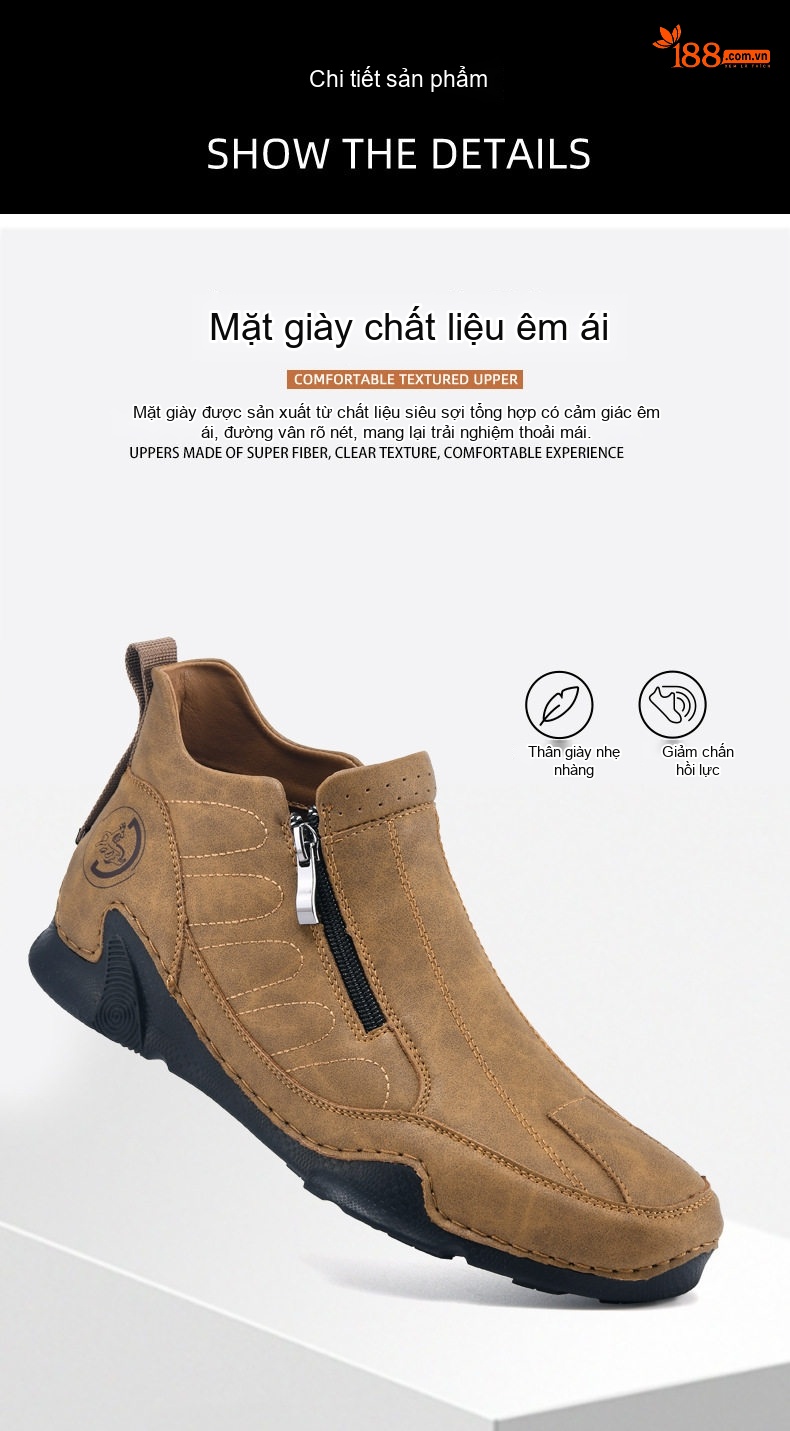 Giày Boot Nam Cổ Cao Khóa Kéo Bên Chiều Cao Đế Khoảng 3cm Màu Đen, Xanh Dương, Nâu chi tiết 8