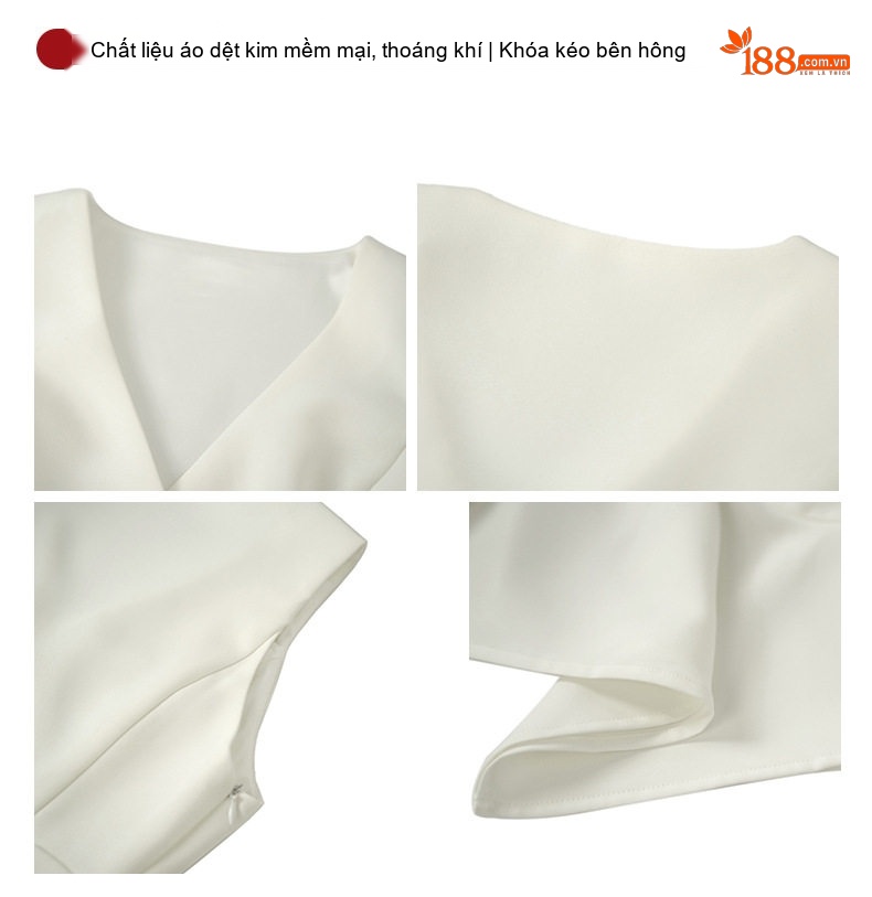 Áo Sơ Mi Nữ Cổ chữ V Tay Sát Nách Thiết Kế Vạt Lệch Nhấn Eo Phong Cách Pháp Màu Trắng chi tiết 5