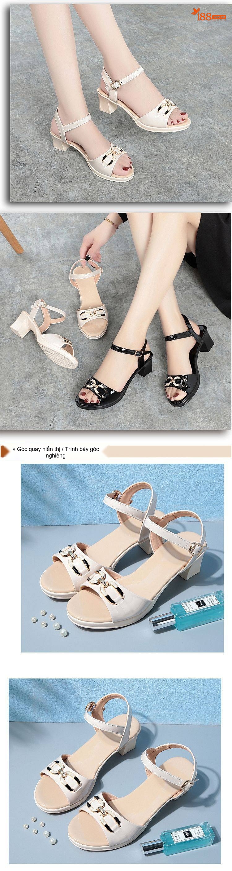 Giày Sandal Cao Gót Nữ Quai Ngang Da Bóng Gót Cao 7cm - 8cm Màu Đen, Kem chi tiết 15