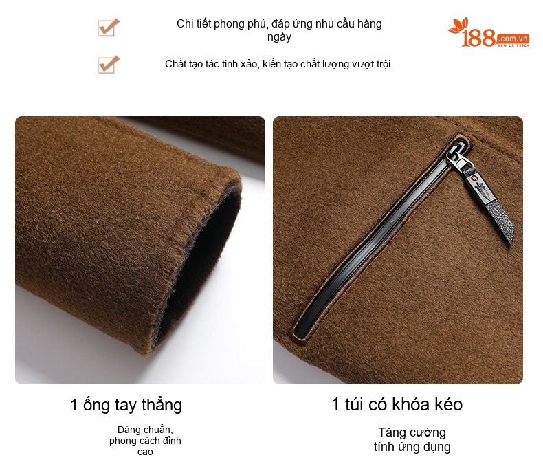 Áo Khoác Dạ Nam Dáng Dài Túi Hộp Lông Cừu Non Hai Mặt Màu Nâu, Xám chi tiết 11