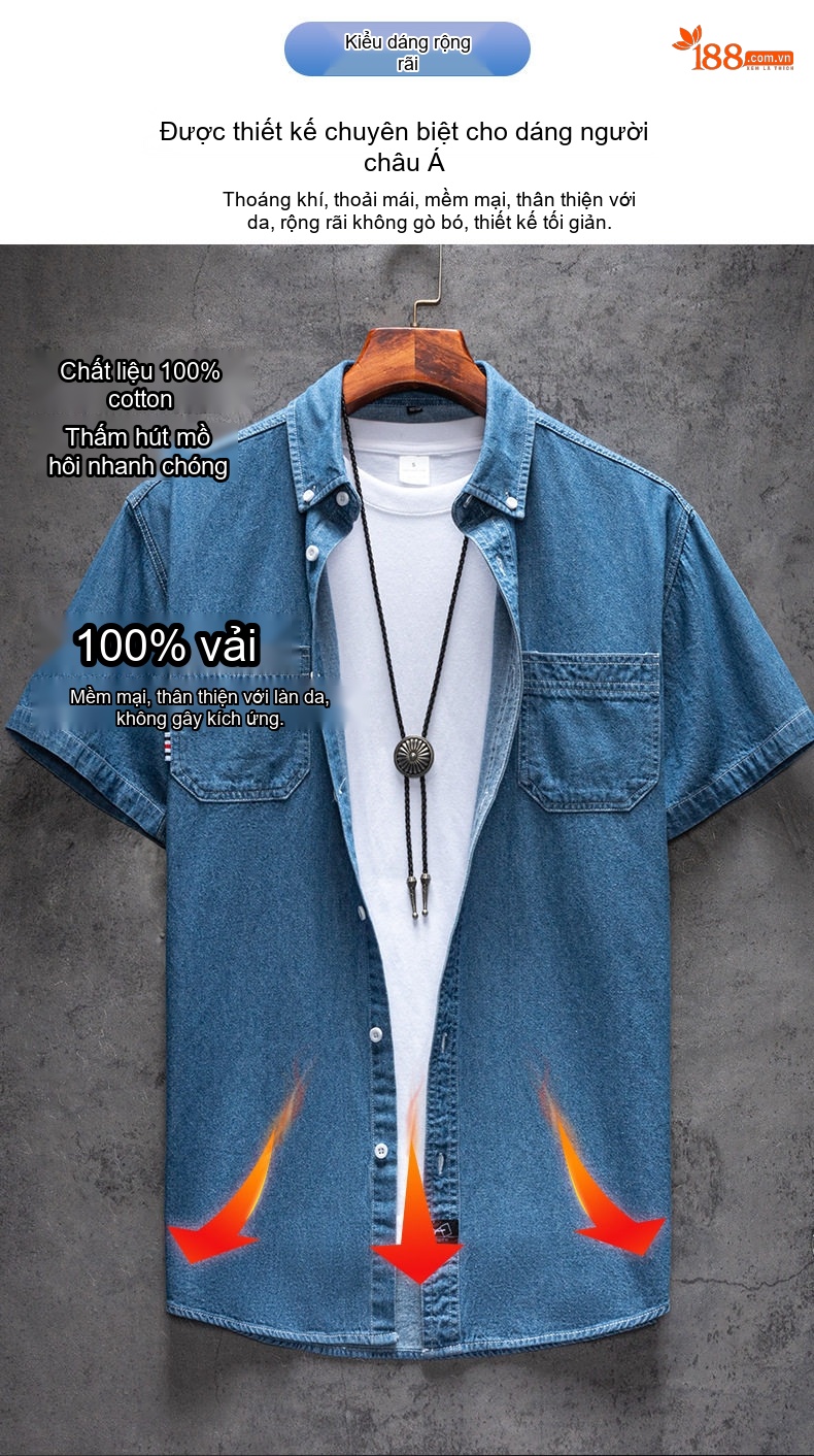 Áo Sơ Mi Tay Ngắn Cotton Denim Nam Phong Cách Hàn Quốc Màu Xanh Dương Nhạt, Xanh Dương Đậm chi tiết 17