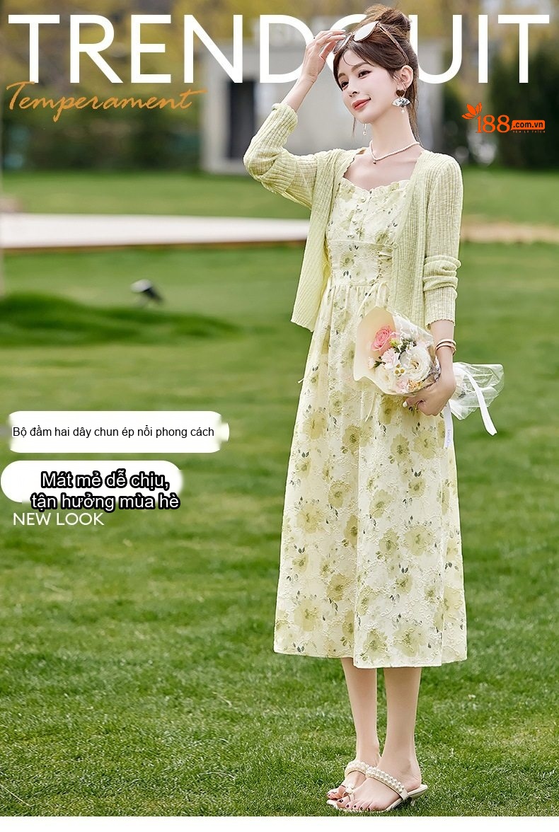 Váy Hai Dây Nữ dáng chữ A Chiết Eo Họa Tiết Hoa Nhỏ Kèm Áo Khoác Cardigan Dệt Kim Màu Xanh Nhạt chi tiết 1
