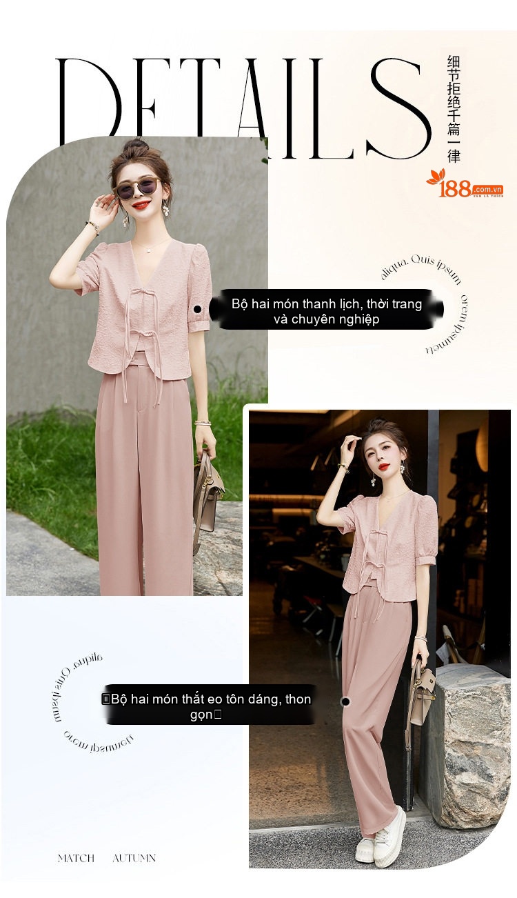 Set Bộ Quần Áo Nữ Phong Cách Trung Hoa Cổ Điển Thiết Kế Tiểu Thư Quần Ống Rộng Khuy Cài Màu Trắng, Hồng chi tiết 4